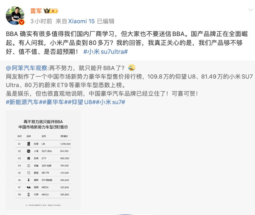 小米汽车卖到80多万<strong></p>
<p>虚拟币跨境</strong>，网友称再不努力只能开BBA！雷军：不要迷信BBA