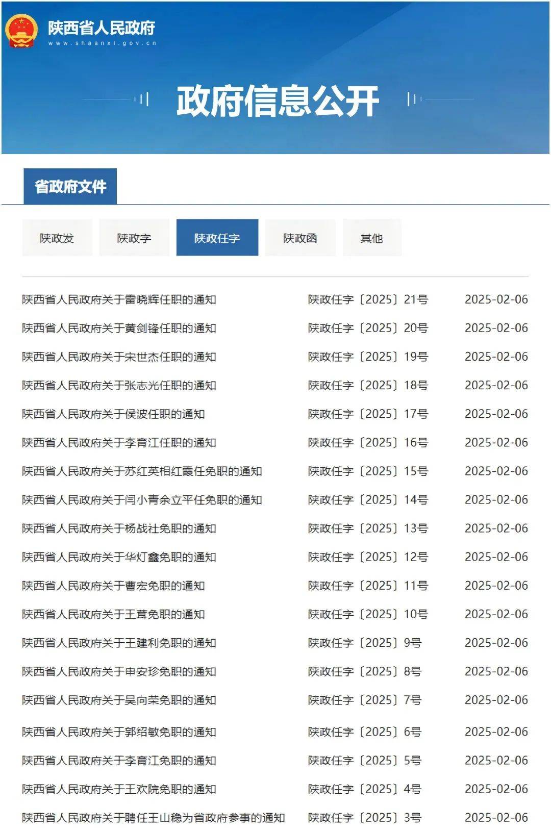 陕西省政府发布人事任免