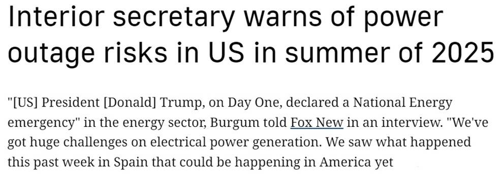 美内政部长警告：美国夏天可能面临大规模停电