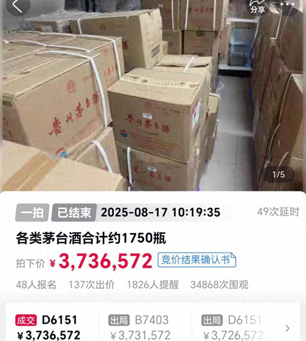 1750瓶茅台373万余元被法拍<strong></p>
<p>利亚德股票</strong>,一原所有人已被执行死刑