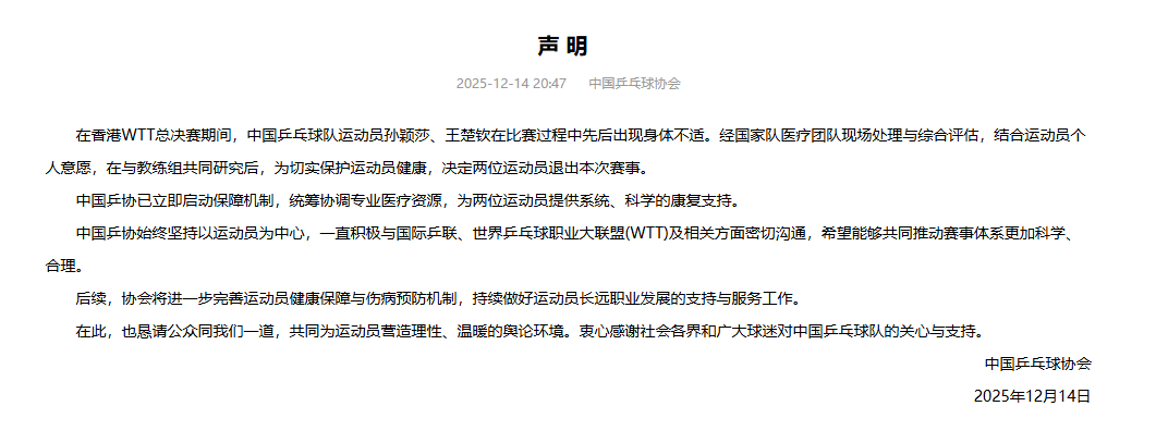 孙颖莎王楚钦先后退赛<strong></p>
<p>四川九洲股票</strong>!中国乒协:希望推动WTT赛程优化